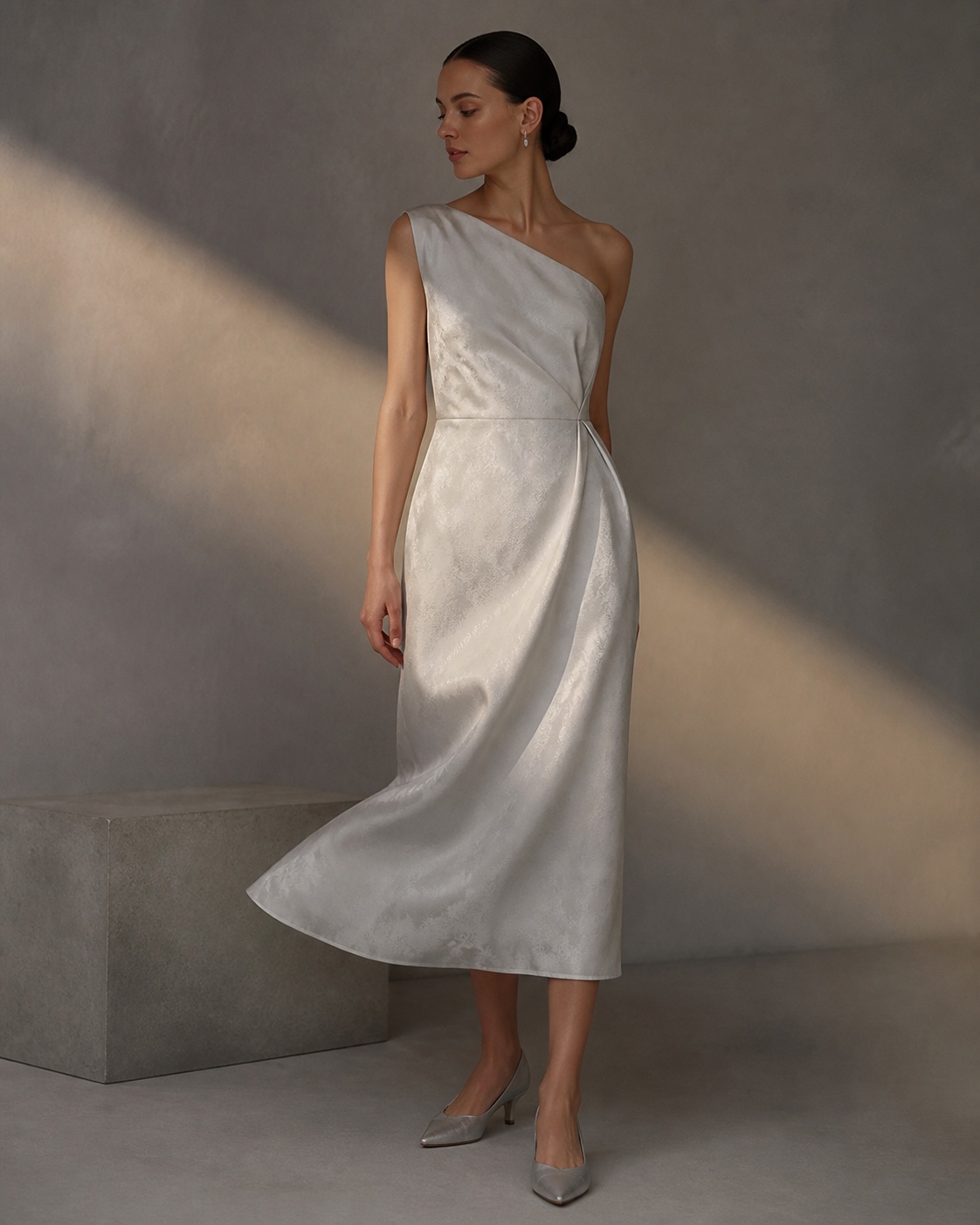 AI concept of a pearl-grey one-shoulder occasion dress inspired by the hazy oversized floral material; not a produced garment or approved colourway